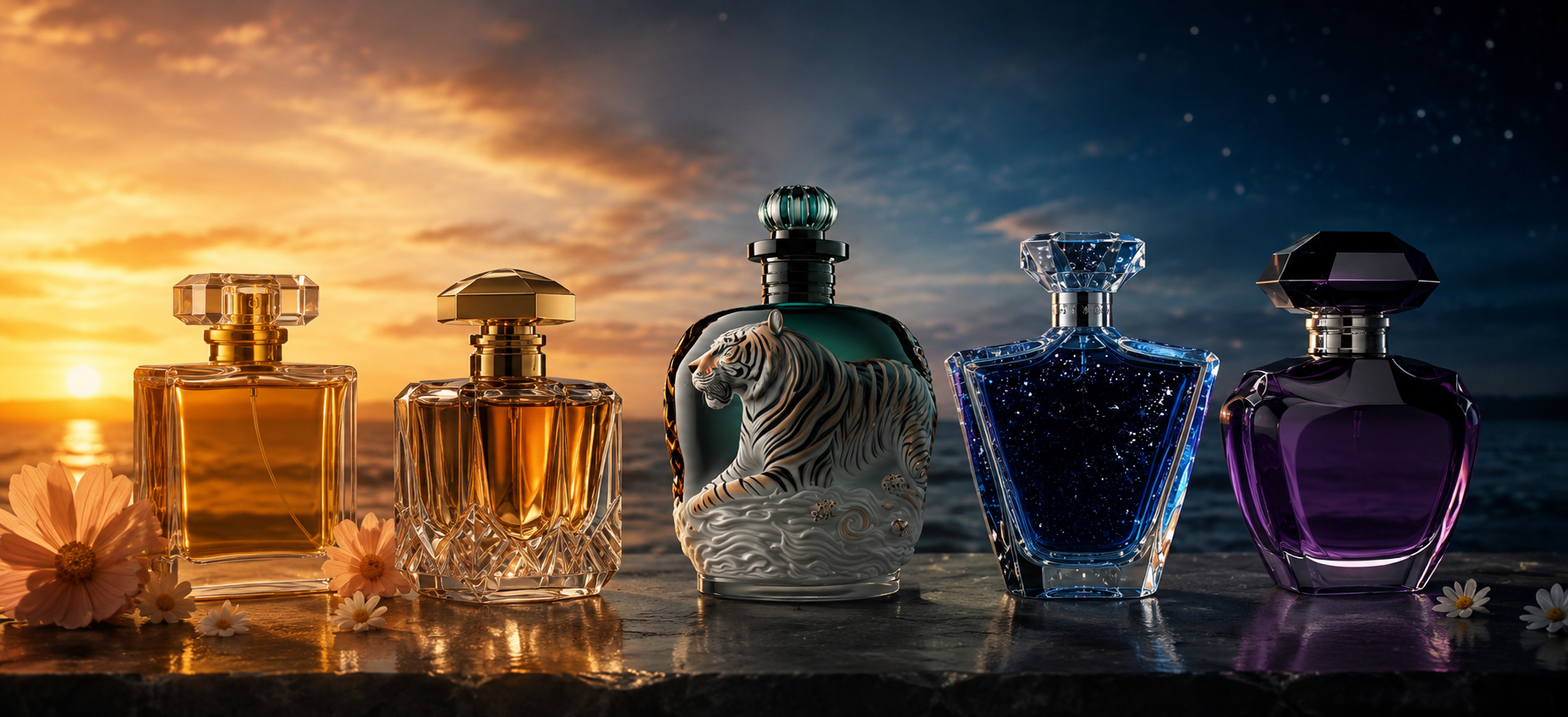 Collection of luxury perfume bottles at sunset and under a night sky